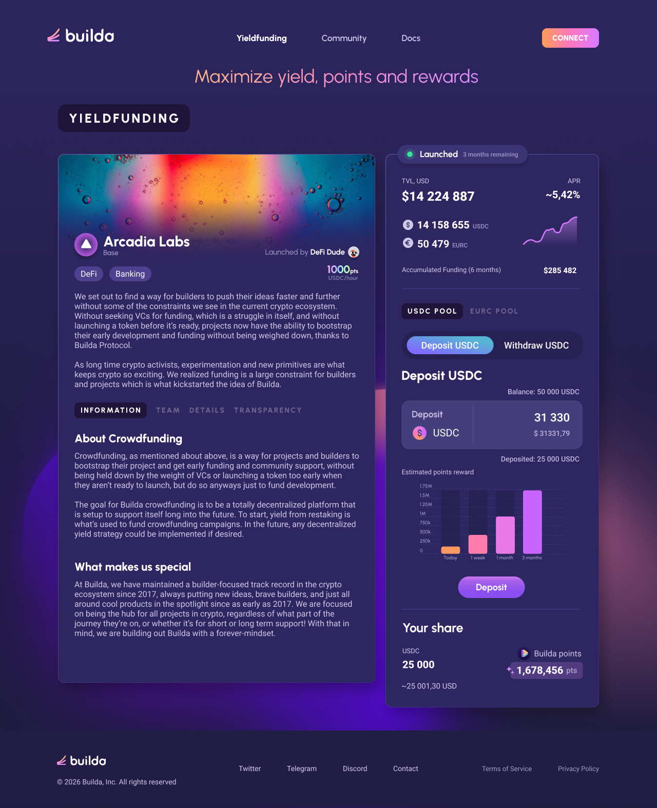 Builda Yieldfunding project page with project information and USDC deposit flow
