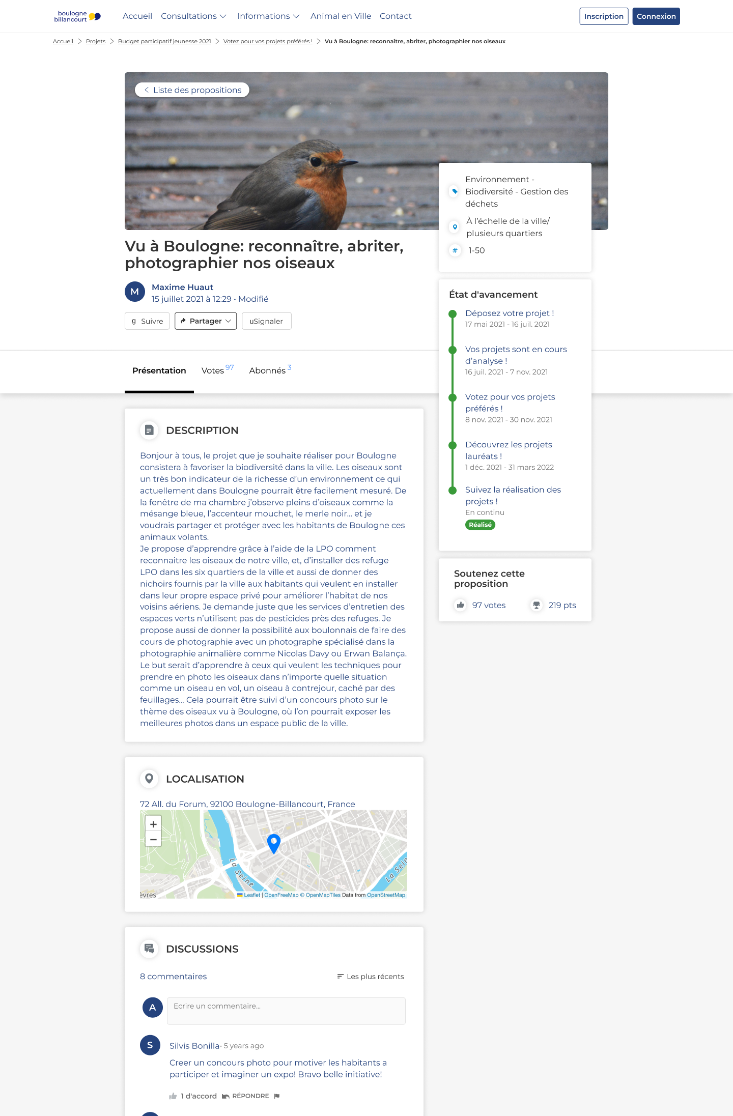 Detail of a citizen proposal about birds in the Boulogne-Billancourt participatory budget