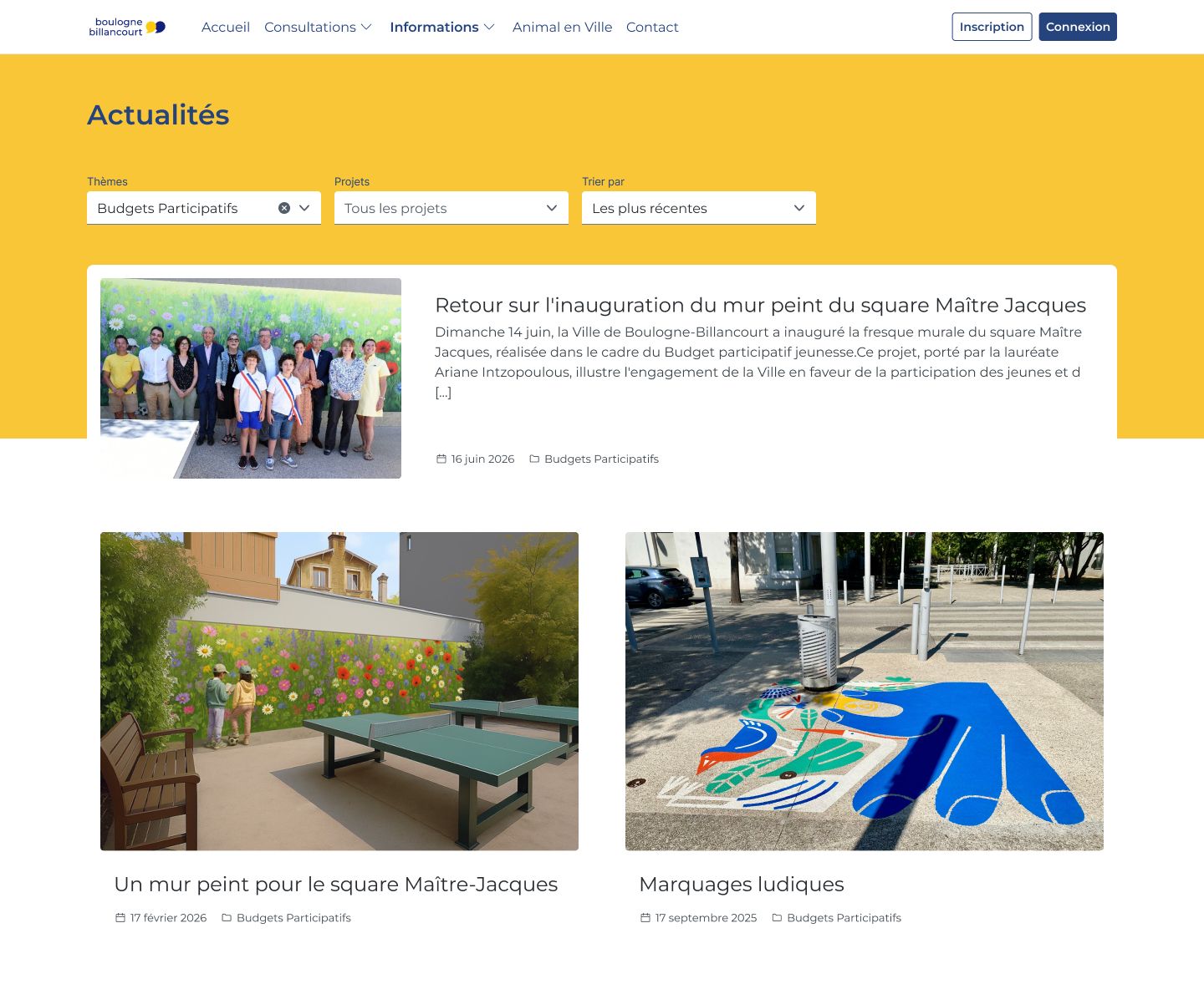 Boulogne-Billancourt participation-platform news page showing local events and completed projects
