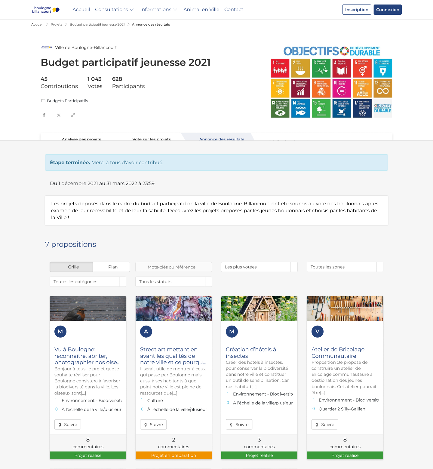 Boulogne-Billancourt 2021 youth participatory budget page showing contributions, votes, participants and projects