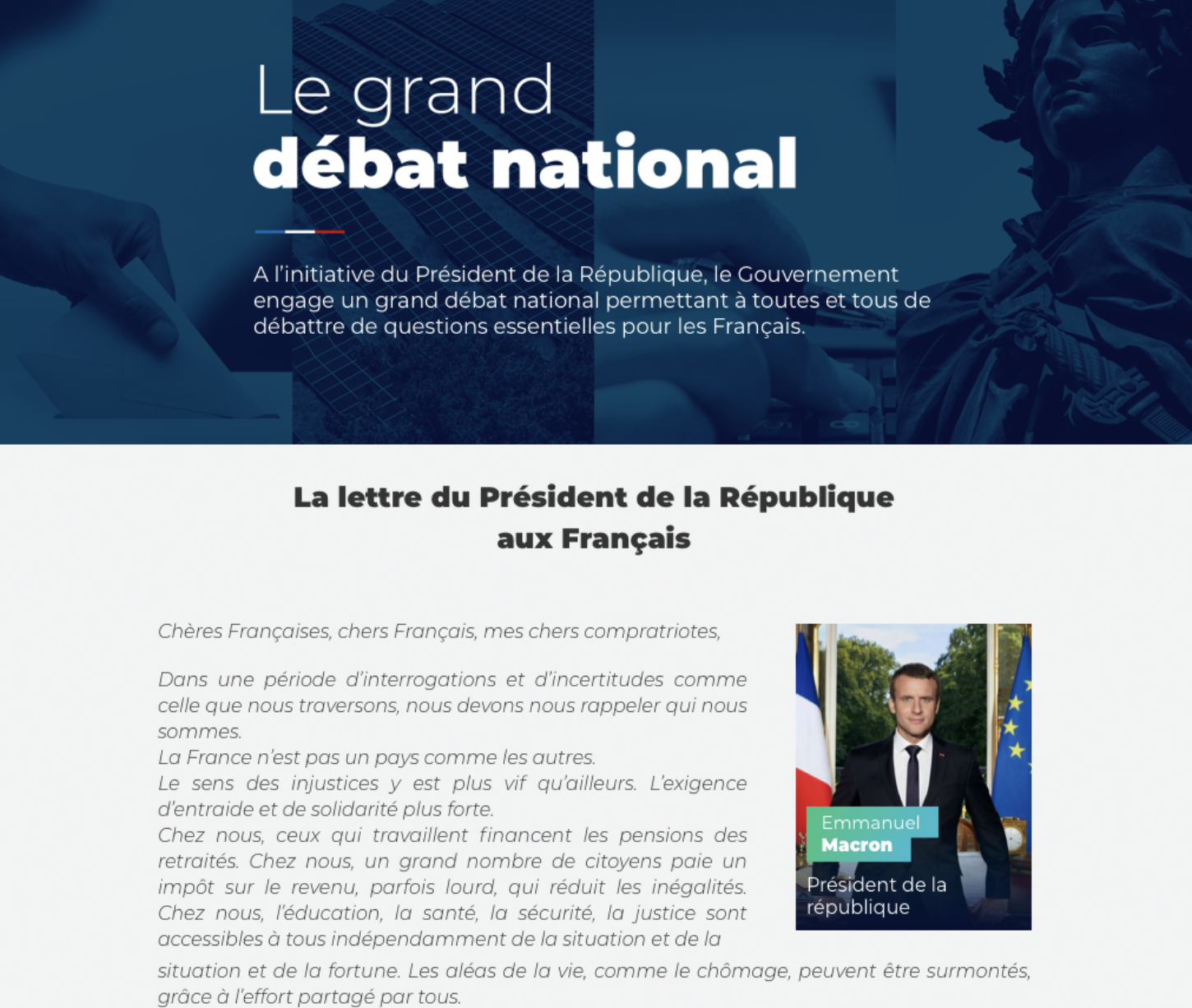 Opening of the Grand Débat National page showing its introduction and the presidential letter