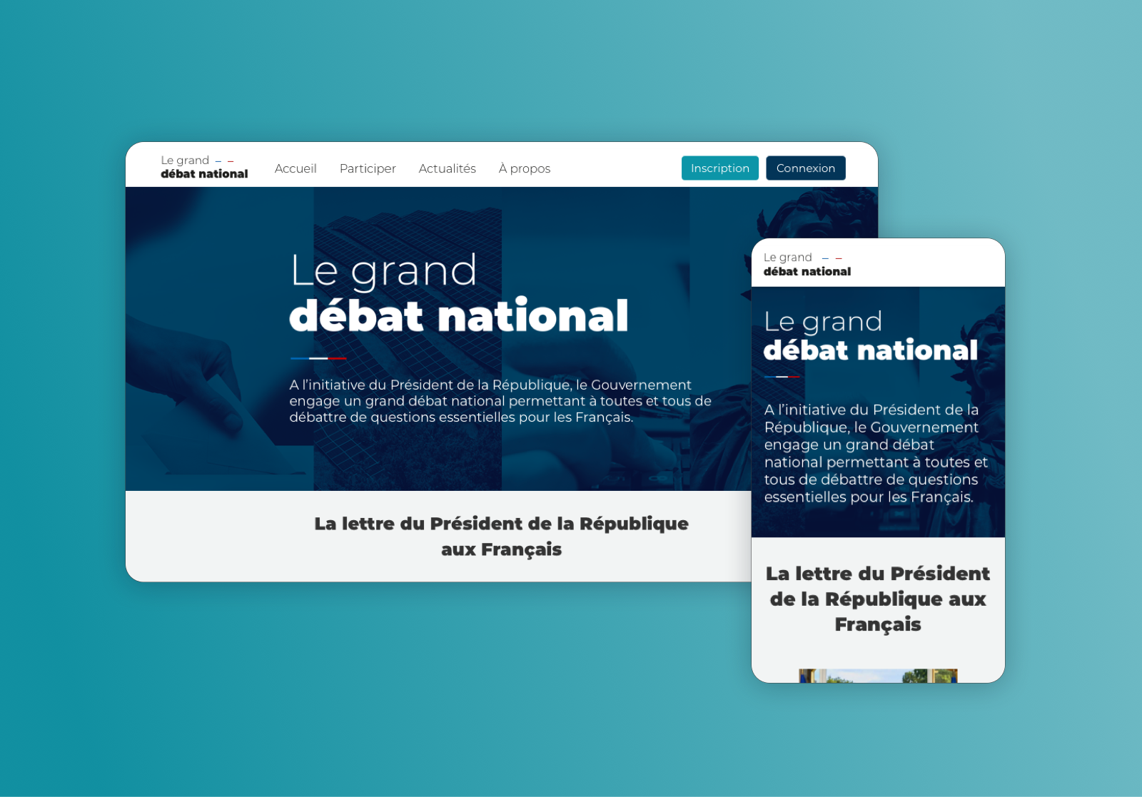 Responsive Grand Débat National homepage shown on desktop and mobile