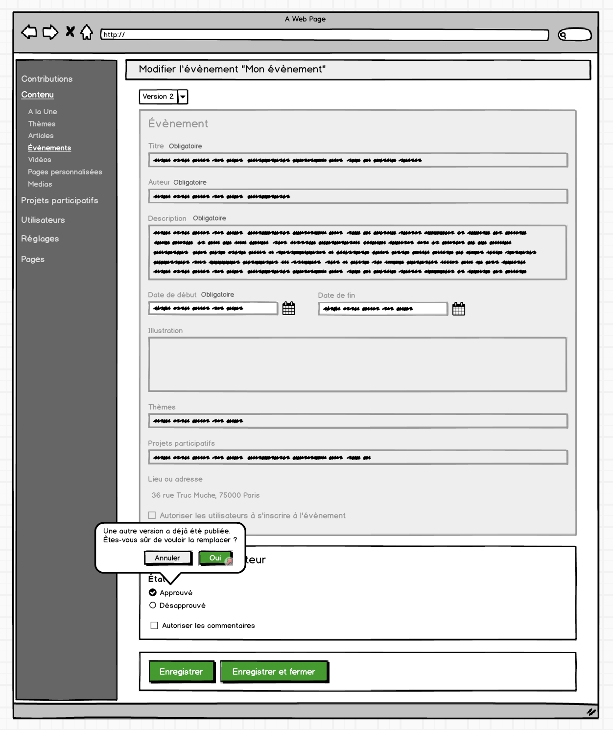 Administration wireframe for creating and publishing an event