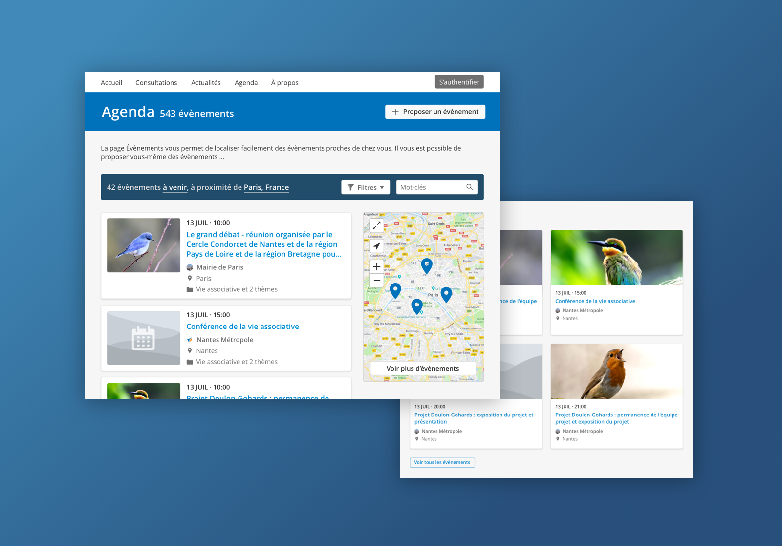 Responsive Cap Collectif agenda showing an event list, map and event cards