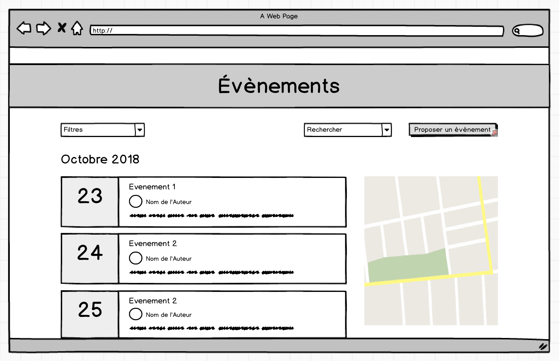 Event-list wireframe with filters, search, dates and a map