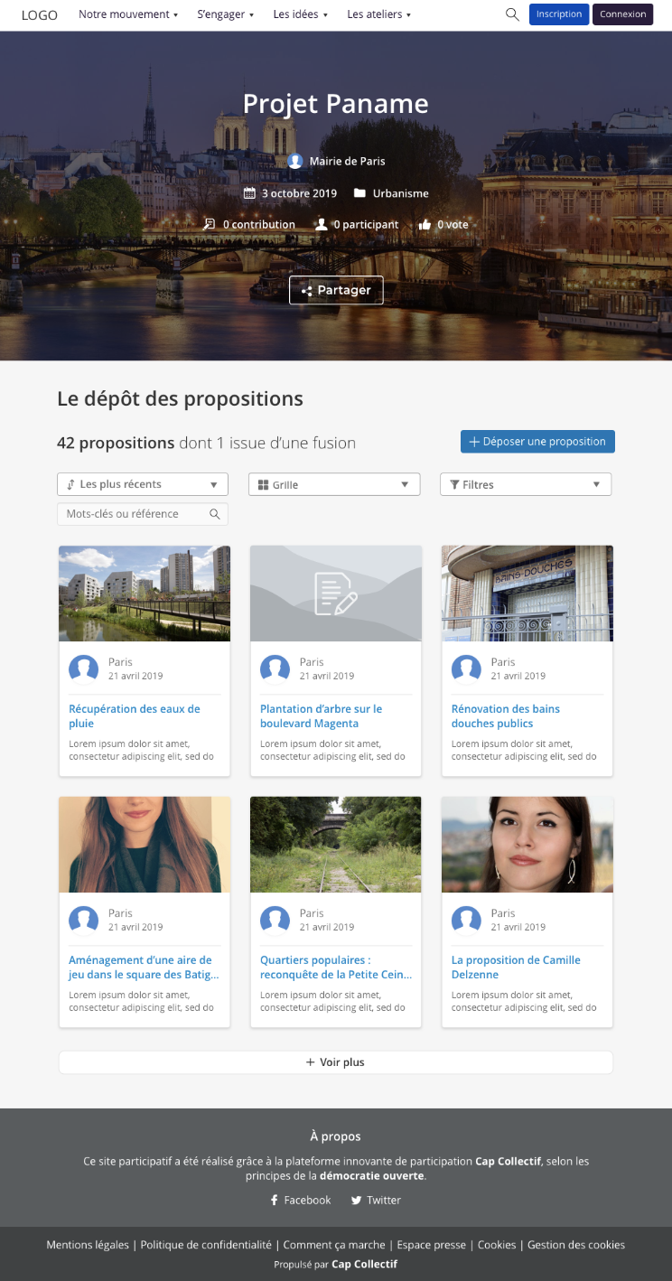 Participatory project page presenting submitted proposals in a grid