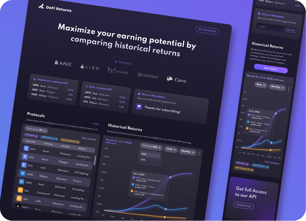 DeFi Returns interface comparing historical protocol returns