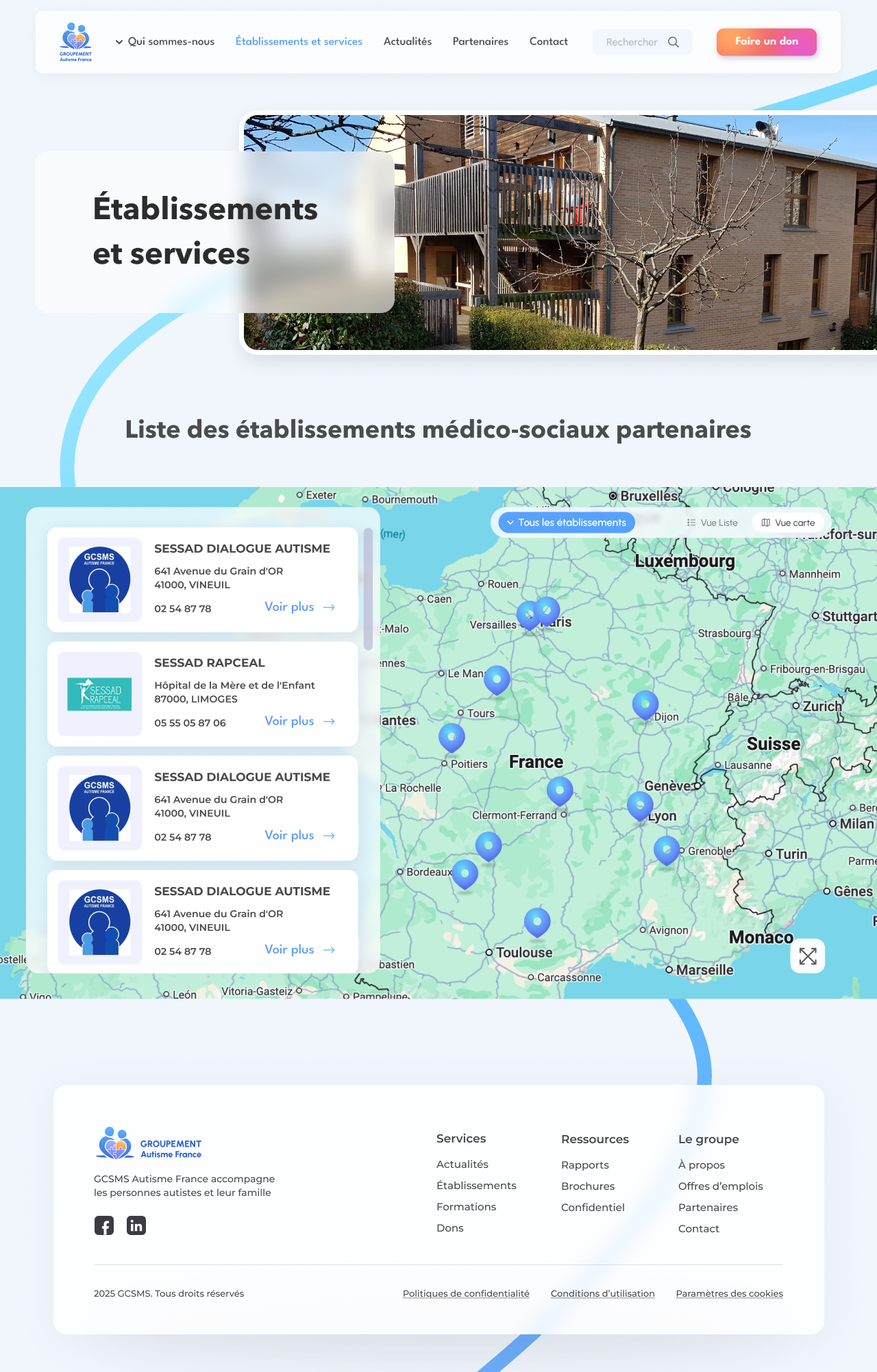 Interactive map of organisations affiliated with Groupement Autisme France