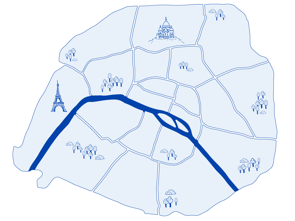 Illustrated map of Paris with the Seine, districts, the Eiffel Tower and Sacré-Cœur