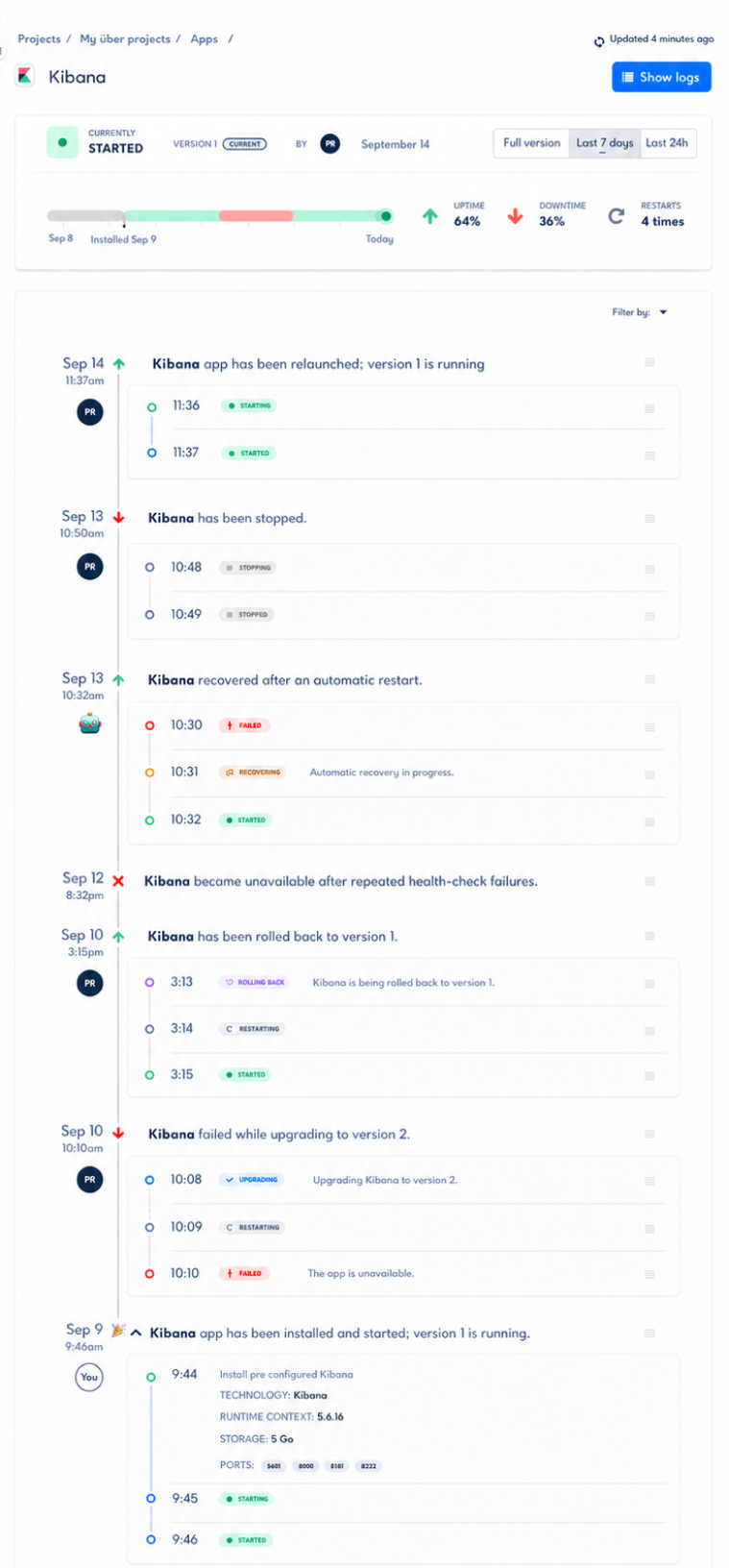 Saagie application history displayed as a chronological state timeline