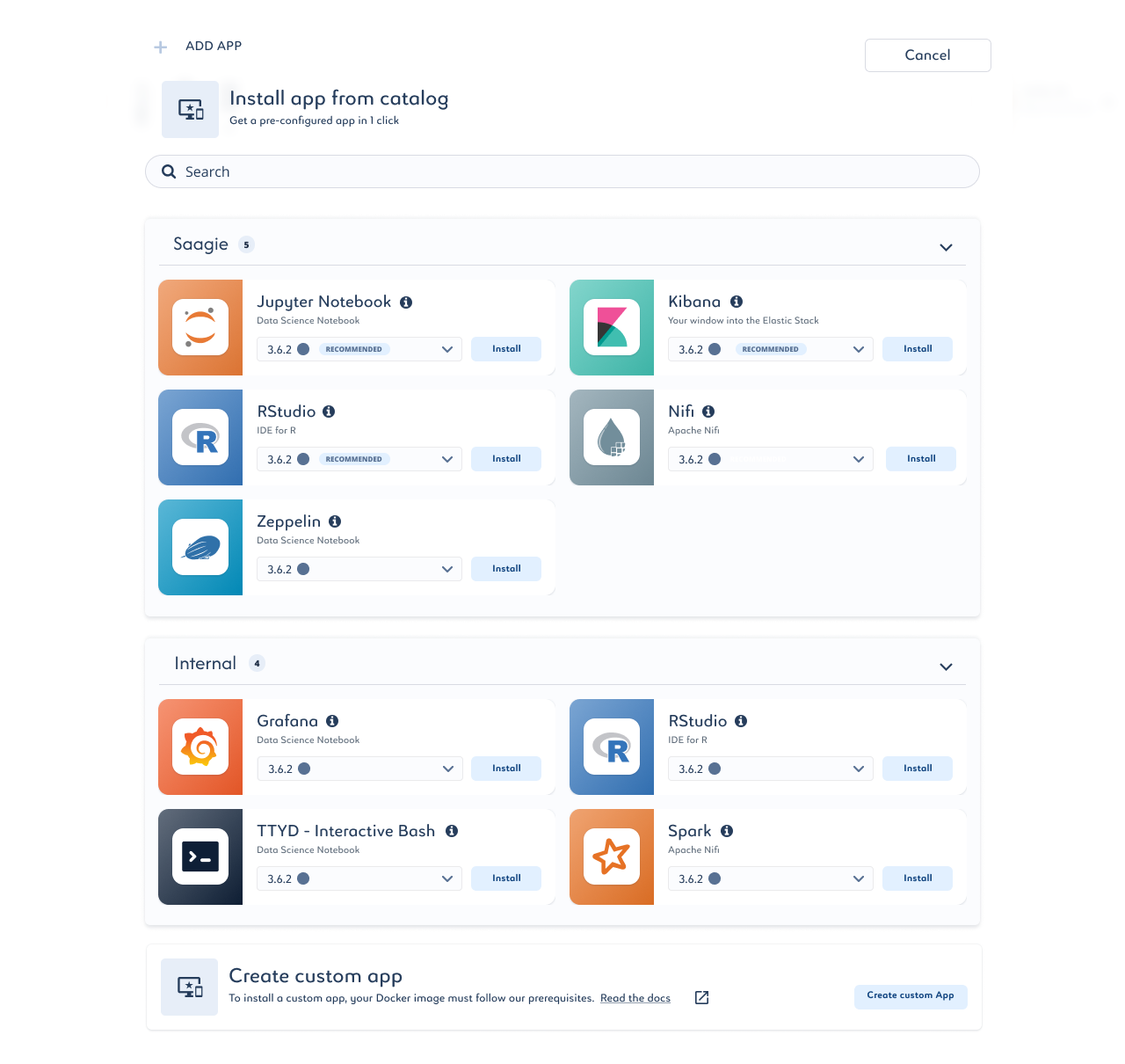 Redesigned Saagie application catalog grouped by app and environment