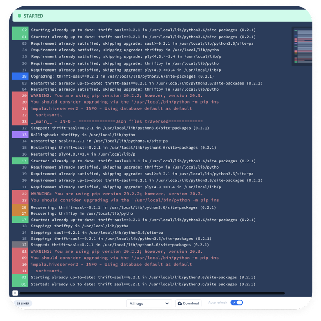 Saagie application logs with color-coded system states and errors