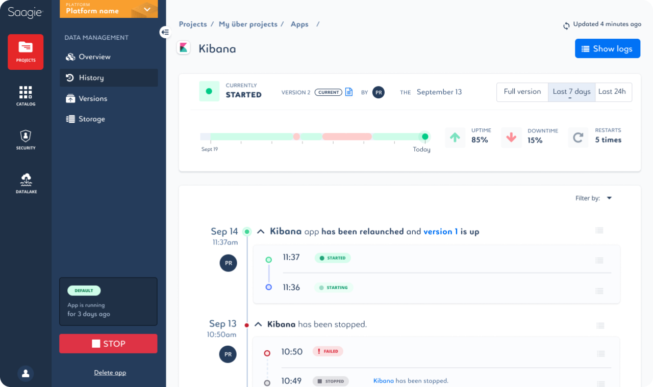 Chronological history of an application in Saagie