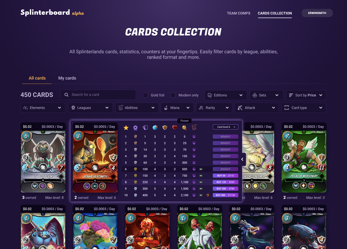 Filterable Splinterlands card library in Splinterboard