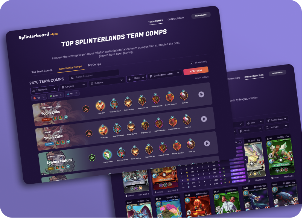 Splinterboard analytics interface for Splinterlands team compositions