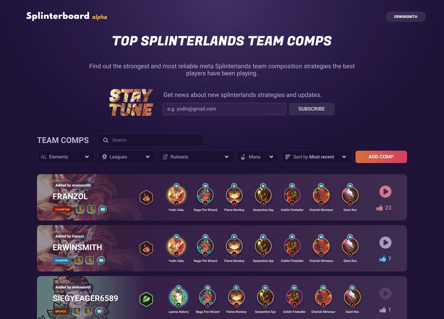 Filterable list of the strongest team compositions in Splinterboard